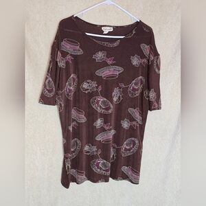 Women's Vintage Tunic Top Dark Brown Whimsical Floral & Hat Print Size XL